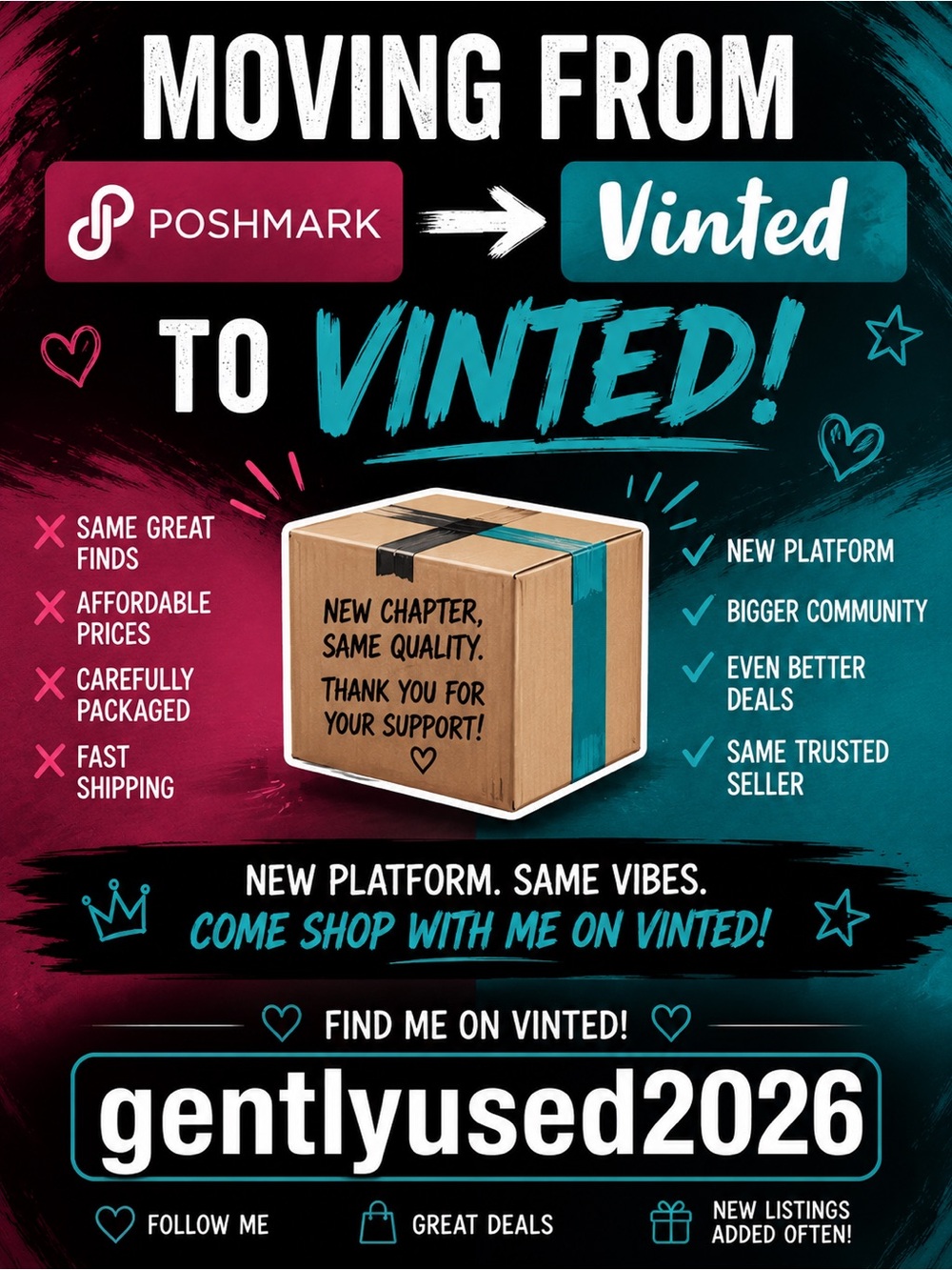 Poshmark to Vinted Announcement Graphic - Teal & Magenta